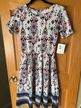 Lularoe Cream Patterned Fit & Flare Dress with Red & Black Accents